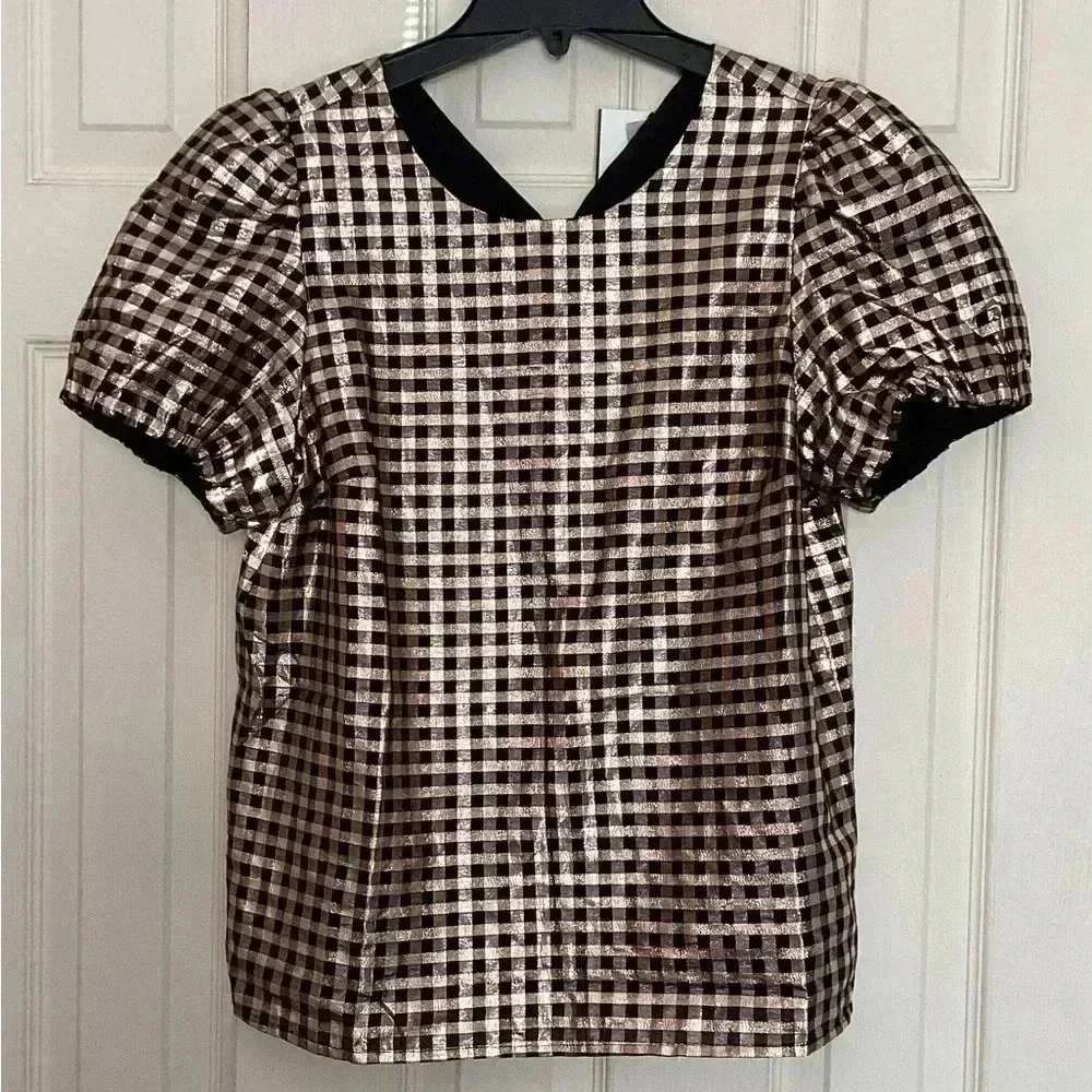 J.Crew Metallic Gold & Black Plaid Puff Sleeve Top Size Medium
